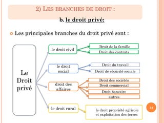  Les principales branches du droit privé sont :
2) LES BRANCHES DE DROIT :
14
b. le droit privé:
le droit
social
droit de...