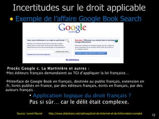 Exemple de l’affaire Google Book Search Procès Google c. La Martinière et autres : les éditeurs français demandaient au TGI d’appliquer la loi française… Interface de Google Book en français, destinée au public français, extension en .fr, livres publiés en France, par des éditeurs français, écrits en français, par des auteurs français … Application logique du droit français ?  Pas si sûr… car le délit était complexe.  Source: Lionel Maurel  http://www.slideshare.net/calimaq/droit-de-linternet-et-de-linformation-complet 
