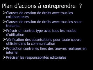 Plan d’actions à entreprendre  ? Clauses de cession de droits avec tous les collaborateurs Clauses de cession de droits avec tous les sous-traitants Prévoir un contrat type avec tous les modes d’utilisation Vérification des autorisations pour toute œuvre utilisée dans la communication Protection contre les tiers des œuvres réalisées en interne Préciser les responsabilités éditoriales 
