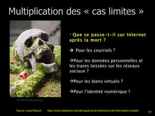 Que se passe-t-il sur Internet après la mort ?    Pour les courriels ?  Pour les données personnelles et les traces laissées sur les réseaux sociaux ? Pour les biens virtuels ? Pour l’identité numérique ? CC-BY-NC-ND Henning Source: Lionel Maurel  http://www.slideshare.net/calimaq/droit-de-linternet-et-de-linformation-complet 