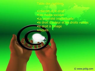 © www.pctig.com Table des matières Internet et le droit Les média sociaux La propriété intellectuelle  le droit d’auteur et les droits voisins le droit à l’image risques 