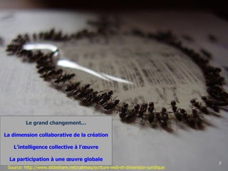 Le grand changement… La dimension collaborative de la création L’intelligence collective à l’œuvre La participation à une œuvre globale Source: http://www.slideshare.net/calimaq/ecriture-web-et-dimension-juridique 