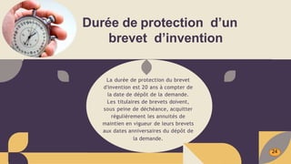 Durée de protection d’un
brevet d’invention
La durée de protection du brevet
d'invention est 20 ans à compter de
la date de dépôt de la demande.
Les titulaires de brevets doivent,
sous peine de déchéance, acquitter
régulièrement les annuités de
maintien en vigueur de leurs brevets
aux dates anniversaires du dépôt de
la demande.
24
 