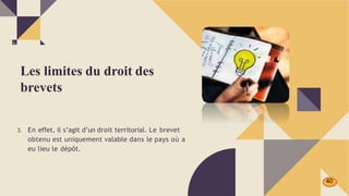 3. En effet, il s’agit d’un droit territorial. Le brevet
obtenu est uniquement valable dans le pays où a
eu lieu le dépôt.
Les limites du droit des
brevets
40
 