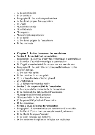  A. La dénomination
 B. Le domicile
 Paragraphe II : Les attributs patrimoniaux
 A. Les fonds propres des associations
 1) L’actif
 *Les droits d’entrée
 *Les libéralités
 *Les apports
 *Les subventions publiques
 II. Le passif
 A. Les fonds propres de l’association
 B. Les emprunts
 Chapitre 2 : Le fonctionnement des associations
 Section I : Les activités des associations
 Paragraphe I : L’exercice d’activités économiques et commerciales
 A. La notion d’activité économique et commerciale
 B. L’application du droit de la concurrence aux associations
 Paragraphe II : Les activités exercées en collaboration avec les
pouvoirs publics.
 A. Les activités agrées
 B. Les missions de service public
 1) La notion d’activité d’intérêt général
 2) L’habilitation
 3) La délégation de service public
 Section 2 : la responsabilité de l’association
 A. La responsabilité contractuelle de l’association
 B. La responsabilité délictuelle de l’association
 *La responsabilité du fait personnel
 *Responsabilité du fait des choses
 C. Responsabilité pénale de l’association
 D. Les assurances
 Section 3 : Les membres de l’association
 Paragraphe I : La détermination des membres de l’association.
 A. La liberté d’entrer dans une association et d’y demeurer
 B. La liberté de ne pas s’associer
 C. Le statut juridique des membres
 D. Les sanctions disciplinaires infligées aux sociétaires
 