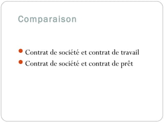 Comparaison
Contrat de société et contrat de travail
Contrat de société et contrat de prêt
 