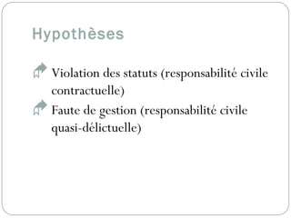 Hypothèses 
Violation des statuts (responsabilité civile
contractuelle)
Faute de gestion (responsabilité civile
quasi-délictuelle)
 