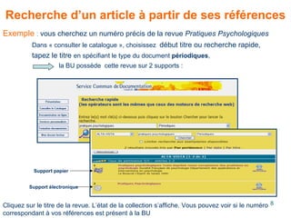 Recherche d’un article à partir de ses références   Exemple  :   vous cherchez un numéro précis de la revue  Pratiques Psychologiques Dans « consulter le catalogue », choisissez  début titre ou recherche rapide, tapez le titre  en spécifiant le type du document  périodiques ,    la BU possède  cette revue sur 2 supports :  Support papier Support électronique Cliquez sur le titre de la revue. L’état de la collection s’affiche. Vous pouvez voir si le numéro correspondant à vos références est présent à la BU 