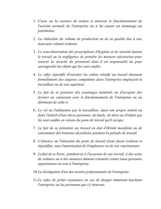 1. L'acte ou la carence de nature à entraver le fonctionnement de
l'activité normale de l'entreprise ou à lui causer un dommage au
patrimoine.
2. La réduction du volume de production ou de sa qualité due à une
mauvaise volonté évidente.
3. La non-observation des prescriptions d'hygiène et de sécurité durant
le travail ou la négligence de prendre les mesures nécessaires pour
assurer la sécurité du personnel dont il est responsable ou pour
sauvegarder les objets qui lui sont confiés
4. Le refus injustifié d'exécuter les ordres relatifs au travail émanant
formellement des organes compétents dans l'entreprise employant le
travailleur ou de son supérieur
5. Le fait de se procurer des avantages matériels ou d'accepter des
faveurs en connexion avec le fonctionnement de l'entreprise ou au
détriment de celle-ci
6. Le vol ou l'utilisation par le travailleur, dans son propre intérêt ou
dans l'intérêt d'une tierce personne, de fonds, de titres ou d'objets qui
lui sont confiés en raison du poste de travail qu'il occupe.
7. Le fait de se présenter au travail en état d'ébriété manifeste ou de
consommer des boissons alcoolisées pendant la période de travail.
8. L'absence ou l'abandon du poste de travail d'une façon évidente et
injustifiée, sans l'autorisation de l'employeur ou de son représentant.
9. Le fait de se livrer, pendantou à l'occasion de son travail, à des actes
de violence ou à des menaces dûment constatés contre toute personne
appartenant ou non à l'entreprise.
10.La divulgation d'un des secrets professionnels de l'entreprise.
11.Le refus de prêter assistance en cas de danger imminent touchant
l'entreprise ou les personnes qui s'y trouvent.
 
