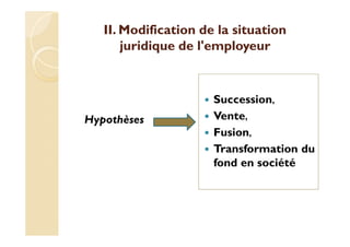 II. Modification de la situation
juridique de l'employeur
Hypothèses
Succession,
Vente,
Fusion,
Transformation du
fond en société
 
