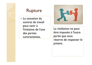 Rupture
La cessation du
contrat de travail
peut venir à
l'initiative de l'une
des parties
contractantes,
La résiliation ne peut
être imposée à l'autre
partie que sous
réserve de respecter le
préavis.
 