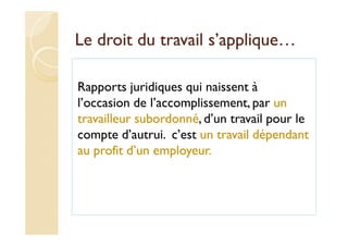 Le droit du travail s’applique…
Rapports juridiques qui naissent à
l’occasion de l’accomplissement, par un
travailleur subordonné, d’un travail pour le
compte d’autrui. c’est un travail dépendant
au profit d’un employeur.
 