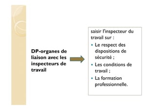 DP-organes de
liaison avec les
inspecteurs de
travail
saisir l'inspecteur du
travail sur :
Le respect des
dispositions de
sécurité ;
Les conditions de
travail ;
La formation
professionnelle.
 