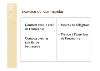 Exercice de leur mandat
- Contacts avec le chef
de l’entreprise
- Contacts avec les
salariés de
l'entreprise
Heures de délégation
Mission à l’extérieur
de l’entreprise
 