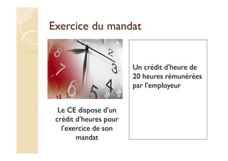 Exercice du mandat
Le CE dispose d’un
crédit d’heures pour
l’exercice de son
mandat
Un crédit d’heure de
20 heures rémunérées
par l’employeur
 