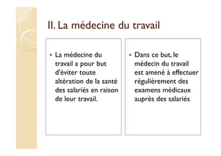 II. La médecine du travail
La médecine du
travail a pour but
d'éviter toute
altération de la santé
des salariés en raison
de leur travail.
Dans ce but, le
médecin du travail
est amené à effectuer
régulièrement des
examens médicaux
auprès des salariés
 