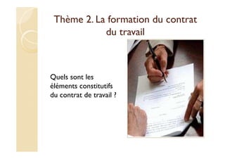 Thème 2. La formation du contrat
du travail
Quels sont les
éléments constitutifs
du contrat de travail ?
 