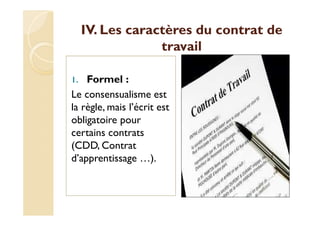 IV. Les caractères du contrat de
travail
1. Formel :
Le consensualisme est
la règle, mais l’écrit est
obligatoire pour
certains contrats
(CDD, Contrat
d’apprentissage …).
 
