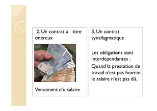 2. Un contrat à titre
onéreux
Versement d’u salaire
3. Un contrat
synallagmatique
Les obligations sont
interdépendantes :
Quand la prestation de
travail n’est pas fournie,
le salaire n’est pas dû.
 