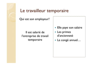 Le travailleur temporaire
Qui est son employeur?
Il est salarié de
l’entreprise de travail
temporaire
Elle paye son salaire
Les primes
d’ancienneté
Le congé annuel…
 