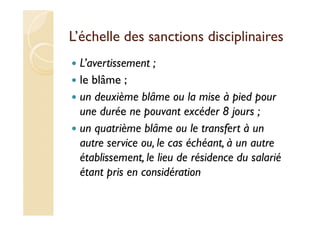 L’échelle des sanctions disciplinaires
L’avertissement ;
le blâme ;
un deuxième blâme ou la mise à pied pour
une durée ne pouvant excéder 8 jours ;
un quatrième blâme ou le transfert à un
autre service ou, le cas échéant, à un autre
établissement, le lieu de résidence du salarié
étant pris en considération
 