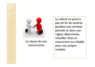 La clause de non
concurrence
Le salarié ne pourra
pas, en fin de contrat,
pendant une certaine
période et dans une
région déterminée,
travailler chez un
concurrent ou s’établir
pour son propre
compte.
 