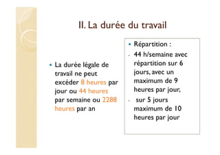 II. La durée du travail
La durée légale de
travail ne peut
excéder 8 heures par
jour ou 44 heures
par semaine ou 2288
heures par an
Répartition :
- 44 h/semaine avec
répartition sur 6
jours, avec un
maximum de 9
heures par jour,
- sur 5 jours
maximum de 10
heures par jour
 