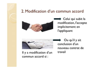 2. Modification d’un commun accord
Il y a modification d’un
commun accord si :
Celui qui subit la
modification, l'accepte
implicitement en
l'appliquant
Ou qu'il y ait
conclusion d'un
nouveau contrat de
travail
 