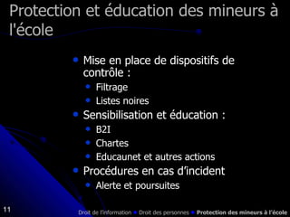 Protection et éducation des mineurs à l'école  Mise en place de dispositifs de contrôle : Filtrage Listes noires Sensibilisation et éducation : B2I Chartes Educaunet et autres actions Procédures en cas d’incident Alerte et poursuites Droit de l’information    Droit des personnes     Protection des mineurs à l’école 