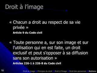 « Chacun a droit au respect de sa vie privée »  Article 9 du Code civil « Toute personne a, sur son image et sur l’utilisation qui en est faite, un droit exclusif et peut s’opposer à sa diffusion sans son autorisation »  Articles 226-1 à 226-8 du Code civil Droit à l’image Droit et image    Principes du droit     Droit à l’image     Droit des personnes     Notions 