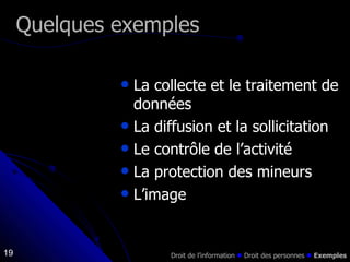 La collecte et le traitement de données La diffusion et la sollicitation Le contrôle de l’activité La protection des mineurs L’image Quelques exemples Droit de l’information    Droit des personnes     Exemples 