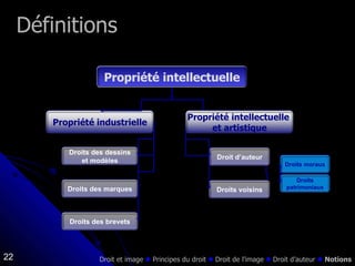 Définitions Droit et image    Principes du droit     Droit de l’image     Droit d’auteur     Notions Droits voisins Droits des marques Droits des dessins et modèles Droit d’auteur Propriété industrielle Droits des brevets Droits moraux Droits patrimoniaux Propriété intellectuelle  et artistique Propriété intellectuelle 