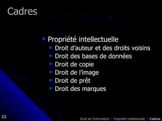 Propriété intellectuelle Droit d’auteur et des droits voisins Droit des bases de données Droit de copie Droit de l’image Droit de prêt Droit des marques Cadres Droit de l’information    Propriété intellectuelle      Cadres 