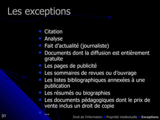 Citation Analyse Fait d’actualité (journaliste) Documents dont la diffusion est entièrement gratuite  Les pages de publicité Les sommaires de revues ou d’ouvrage Les listes bibliographiques annexées à une publication Les résumés ou biographies Les documents pédagogiques dont le prix de vente inclus un droit de copie  ... Les exceptions Droit de l’information    Propriété intellectuelle      Exceptions 