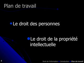 Le droit des personnes  Plan de travail Le droit de la propriété intellectuelle Droit de l’information    Introduction     Plan de travail 