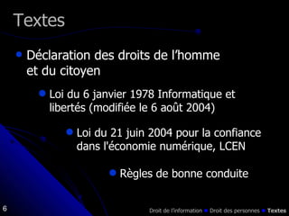 Déclaration des droits de l’homme et du citoyen Textes Droit de l’information    Droit des personnes     Textes Loi du 6 janvier 1978 Informatique et libertés (modifiée le 6 août 2004) Loi du 21 juin 2004 pour la confiance dans l'économie numérique, LCEN Règles de bonne conduite 