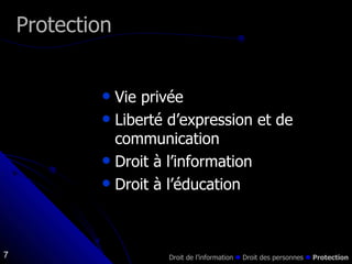 Vie privée Liberté d’expression et de communication Droit à l’information Droit à l’éducation Protection Droit de l’information    Droit des personnes     Protection 