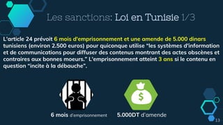 13
Les sanctions: Loi en Tunisie 1/3
L'article 24 prévoit 6 mois d'emprisonnement et une amende de 5.000 dinars
tunisiens (environ 2.500 euros) pour quiconque utilise “les systèmes d'information
et de communications pour diffuser des contenus montrant des actes obscènes et
contraires aux bonnes moeurs.” L'emprisonnement atteint 3 ans si le contenu en
question “incite à la débauche”.
6 mois d’emprisonnement 5.000DT d’amende
 