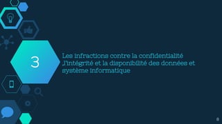 Les infractions contre la confidentialité
,l’intégrité et la disponibilité des données et
système informatique
3
8
 