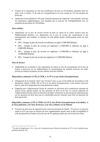 10
 Fixation de la majoration au titre des insuffisances de prix ou d’évaluation constatées dans les
actes visés à l’article 12 du code de l’enregistrement à un taux unique de 15% du montant des
droits dus.
 Application d’une pénalité de 10% pour retard de paiement de l'impôt dû. Cette pénalité, ainsi que
les majorations supplémentaires, sont liquidées par le receveur de l’enregistrement avec un
minimum de perception de 100 dirhams.
Taxe urbaine
 Abattements sur le prix de revient servant de base au calcul de la valeur locative pour les
établissements hôteliers. Les abattements sur le prix de revient des constructions et des
aménagements sont modulés en fonction du coût global desdits établissements selon les taux
suivants :
 20% : lorsque le prix de revient est inférieur ou égal à 3.000.000 dirhams.
 40% : lorsque le prix de revient est supérieur à 3.000.000 et inférieur ou égal à
6.000.000 dirhams.
 50% : lorsque le prix de revient est supérieur à 6.000.000 et inférieur ou égal à
12.000.000 dirhams.
 60% : lorsque le prix de revient est supérieur à 12.000.000 dirhams.
Taxe de licence
 Alignement de la pénalité et des majorations de retard au titre du non-paiement de la taxe de
licence à percevoir sur les établissements de consommation de certaines boissons sur celles
prévues en matière de patente, de taxe urbaine et de taxe d'édilité.
Dispositions communes à l’IS, à l’IGR, à la TVA et aux droits d'enregistrement
 Changement de la mention "mois" par "30 jours" pour ce qui est des délais de souscription et de
déclaration relatifs à l'IGR, l'IS, la TVA et les droits d'enregistrement. Cette mesure intervient
dans le cadre de la préparation du Code général des impôts.
 Capacité pour l’administration fiscale de contester les décisions de la commission nationale de
recours fiscal, qu'elles portent sur des questions de droit ou de fait. Le recours judiciaire de
l’administration fiscale contre les décisions de ladite commission ne pouvait porter auparavant que
sur les questions de droit alors que le contribuable pouvait contester aussi bien les questions de
droit que de fait.
Disposition commune à l’IS, à l’IGR, à la TVA, aux Droits d'enregistrement et de timbre, à
la Taxe judiciaire, à la Taxe de licence, à la Taxe urbaine et à la Patente
 Fixation2 de deux taux de majoration pour retard de paiement de l'impôt : 5% pour le 1er mois de
retard et 0,5% par mois ou fraction de mois supplémentaire écoulé entre la date d’exigibilité et
celle du paiement de l'impôt au lieu du taux de 8% appliqué quelle que soit la durée du retard.
2
En plus de l'application, s'il y a lieu, de la majoration pour infraction d'assiette de 15% et de la pénalité pour
paiement tardif de 10%.
 