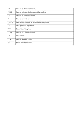 3
TPI Taxe sur les Profits Immobiliers
TPPRF Taxe sur le Produit des Placements à Revenu Fixe
TPS Taxe sur les Produits et Services
TS Taxe sur les Services
TSAVA Taxe Spéciale Annuelle sur les Véhicules Automobiles
TSI Taxe Spéciale à l’Importation
TTC Toutes Taxes Comprises
TTNB Taxe sur les Terrains Non Bâtis
TU Taxe Urbaine
TVA Taxe sur la Valeur Ajoutée
VIT Valeur Immobilière Totale
 