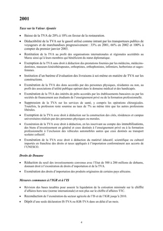 4
2001
Taxe sur la Valeur Ajoutée
 Baisse de la TVA de 20% à 10% en faveur de la restauration.
 Déductibilité de la TVA sur le gasoil utilisé comme intrant par les transporteurs publics de
voyageurs et de marchandises progressivement : 33% en 2001, 66% en 2002 et 100% à
compter du premier janvier 2003.
 Restitution de la TVA au profit des organisations internationales et régionales accrédités au
Maroc ainsi qu’à leurs membres qui bénéficient du statut diplomatique.
 Exemption de la TVA sans droit à déduction des prestations fournies par les médecins, médecins-
dentistes, masseurs kinésithérapeutes, orthoptistes, orthophonistes, infirmiers, herboristes et sages-
femmes.
 Institution d’un barème d’évaluation des livraisons à soi-même en matière de TVA sur les
constructions.
 Exonération de la TVA des dons accordés par des personnes physiques, résidantes ou non, au
profit des associations d’utilité publique opérant dans le domaine médical et des handicapés.
 Exonération de la TVA des intérêts de prêts accordés par les établissements bancaires ou par les
sociétés de financement aux étudiants de l’enseignement privé ou de la formation professionnelle.
 Suppression de la TVA sur les services de santé, y compris les opérations chirurgicales.
Toutefois, la profession reste soumise au taux de 7% au même titre que les autres professions
libérales.
 Exemption de la TVA avec droit à déduction sur la construction des cités, résidences et campus
universitaires réalisés par des personnes physiques ou morales.
 Exonération de la TVA avec droit à déduction, en les inscrivant au compte des immobilisations,
des biens d’investissement en général et ceux destinés à l’enseignement privé ou à la formation
professionnelle à l’exclusion des véhicules automobiles autres que ceux destinés au transport
scolaire collectif.
 Exonération de la TVA avec droit à déduction du matériel éducatif, scientifique ou culturel
importés en franchise des droits et taxes appliqués à l’importation conformément aux accorts de
l’UNESCO.
Droits de Douane
 Réduction du seuil des investissements convenus avec l’Etat de 500 à 200 millions de dirhams,
donnant droit à l’exonération de droits d’importation et de la TVA.
 Exonération des droits d’importation des produits originaires de certains pays africains.
Mesures communes à l’IGR et à l’IS
 Révision des bases taxables pour asseoir la liquidation de la cotisation minimale sur le chiffre
d’affaires hors taxe (norme internationale) et non plus sur le chiffre d’affaires TTC.
 Reconduction de l’exonération du secteur agricole de l’IS et de l’IGR jusqu’à 2010.
 Dépôt d’une seule déclaration IS-TVA ou IGR-TVA dans un délai d’un mois.
 