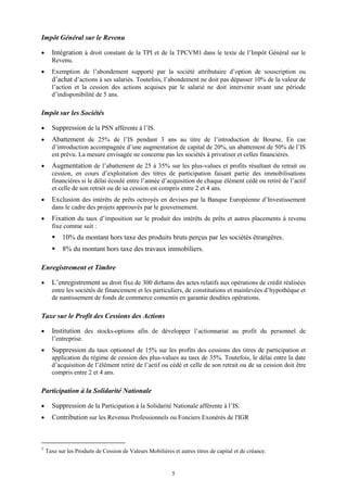 5
Impôt Général sur le Revenu
 Intégration à droit constant de la TPI et de la TPCVM1 dans le texte de l’Impôt Général sur le
Revenu.
 Exemption de l’abondement supporté par la société attributaire d’option de souscription ou
d’achat d’actions à ses salariés. Toutefois, l’abondement ne doit pas dépasser 10% de la valeur de
l’action et la cession des actions acquises par le salarié ne doit intervenir avant une période
d’indisponibilité de 5 ans.
Impôt sur les Sociétés
 Suppression de la PSN afférente à l’IS.
 Abattement de 25% de l’IS pendant 3 ans au titre de l’introduction de Bourse. En cas
d’introduction accompagnée d’une augmentation de capital de 20%, un abattement de 50% de l’IS
est prévu. La mesure envisagée ne concerne pas les sociétés à privatiser et celles financières.
 Augmentation de l’abattement de 25 à 35% sur les plus-values et profits résultant du retrait ou
cession, en cours d’exploitation des titres de participation faisant partie des immobilisations
financières si le délai écoulé entre l’année d’acquisition de chaque élément cédé ou retiré de l’actif
et celle de son retrait ou de sa cession est compris entre 2 et 4 ans.
 Exclusion des intérêts de prêts octroyés en devises par la Banque Européenne d’Investissement
dans le cadre des projets approuvés par le gouvernement.
 Fixation du taux d’imposition sur le produit des intérêts de prêts et autres placements à revenu
fixe comme suit :
 10% du montant hors taxe des produits bruts perçus par les sociétés étrangères.
 8% du montant hors taxe des travaux immobiliers.
Enregistrement et Timbre
 L’enregistrement au droit fixe de 300 dirhams des actes relatifs aux opérations de crédit réalisées
entre les sociétés de financement et les particuliers, de constitutions et mainlevées d’hypothèque et
de nantissement de fonds de commerce consentis en garantie desdites opérations.
Taxe sur le Profit des Cessions des Actions
 Institution des stocks-options afin de développer l’actionnariat au profit du personnel de
l’entreprise.
 Suppression du taux optionnel de 15% sur les profits des cessions des titres de participation et
application du régime de cession des plus-values au taux de 35%. Toutefois, le délai entre la date
d’acquisition de l’élément retiré de l’actif ou cédé et celle de son retrait ou de sa cession doit être
compris entre 2 et 4 ans.
Participation à la Solidarité Nationale
 Suppression de la Participation à la Solidarité Nationale afférente à l’IS.
 Contribution sur les Revenus Professionnels ou Fonciers Exonérés de l'IGR
1
Taxe sur les Produits de Cession de Valeurs Mobilières et autres titres de capital et de créance.
 
