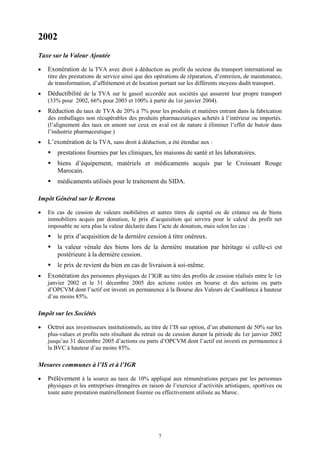 7
2002
Taxe sur la Valeur Ajoutée
 Exonération de la TVA avec droit à déduction au profit du secteur du transport international au
titre des prestations de service ainsi que des opérations de réparation, d’entretien, de maintenance,
de transformation, d’affrètement et de location portant sur les différents moyens dudit transport.
 Déductibilité de la TVA sur le gasoil accordée aux sociétés qui assurent leur propre transport
(33% pour 2002, 66% pour 2003 et 100% à partir du 1er janvier 2004).
 Réduction du taux de TVA de 20% à 7% pour les produits et matières entrant dans la fabrication
des emballages non récupérables des produits pharmaceutiques achetés à l’intérieur ou importés.
(l’alignement des taux en amont sur ceux en aval est de nature à éliminer l’effet de butoir dans
l’industrie pharmaceutique.)
 L’exonération de la TVA, sans droit à déduction, a été étendue aux :
 prestations fournies par les cliniques, les maisons de santé et les laboratoires.
 biens d’équipement, matériels et médicaments acquis par le Croissant Rouge
Marocain.
 médicaments utilisés pour le traitement du SIDA.
Impôt Général sur le Revenu
 En cas de cession de valeurs mobilières et autres titres de capital ou de créance ou de biens
immobiliers acquis par donation, le prix d’acquisition qui servira pour le calcul du profit net
imposable ne sera plus la valeur déclarée dans l’acte de donation, mais selon les cas :
 le prix d’acquisition de la dernière cession à titre onéreux.
 la valeur vénale des biens lors de la dernière mutation par héritage si celle-ci est
postérieure à la dernière cession.
 le prix de revient du bien en cas de livraison à soi-même.
 Exonération des personnes physiques de l’IGR au titre des profits de cession réalisés entre le 1er
janvier 2002 et le 31 décembre 2005 des actions cotées en bourse et des actions ou parts
d’OPCVM dont l’actif est investi en permanence à la Bourse des Valeurs de Casablanca à hauteur
d’au moins 85%.
Impôt sur les Sociétés
 Octroi aux investisseurs institutionnels, au titre de l’IS sur option, d’un abattement de 50% sur les
plus-values et profits nets résultant du retrait ou de cession durant la période du 1er janvier 2002
jusqu’au 31 décembre 2005 d’actions ou parts d’OPCVM dont l’actif est investi en permanence à
la BVC à hauteur d’au moins 85%.
Mesures communes à l’IS et à l’IGR
 Prélèvement à la source au taux de 10% appliqué aux rémunérations perçues par les personnes
physiques et les entreprises étrangères en raison de l’exercice d’activités artistiques, sportives ou
toute autre prestation matériellement fournie ou effectivement utilisée au Maroc.
 