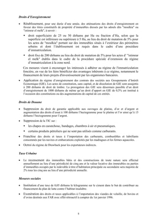 8
Droits d’Enregistrement
 Rétablissement, pour une durée d’une année, des atténuations des droits d’enregistrement en
faveur des titres constitutifs de propriété d’immeubles dressés par les adouls dits "moulkia" ou
"istimrar el melk", à savoir :
 droit superficiaire de 25 ou 50 dirhams par Ha ou fraction d’Ha, selon que la
superficie est inférieure ou supérieure à 5 Ha, au lieu du droit de mutation de 5% pour
les actes de "moulkia" portant sur des immeubles situés à l’extérieur des périmètres
urbains et dont l’établissement est requis dans le cadre d’une procédure
d’immatriculation.
 droit fixe de 200 dirhams au lieu du droit de mutation de 5% pour les actes d’ "istimrar
el melk" établis dans le cadre de la procédure spéciale d’extension du régime
d’immatriculation à la zone nord.
Ces mesures visent à encourager les intéressés à adhérer au régime de l'immatriculation
foncière, en vue de les faire bénéficier des avantages inhérents à ce régime, notamment le
financement de leurs projets d'investissement par les organismes bancaires.
 Application du régime d’enregistrement des contrats des sociétés aux Groupements d’Intérêt
Economique (GIE). Les actes de constitution, sans capital, et de dissolution de GIE sont assujettis
à 200 dirhams de droit de timbre. La prorogation des GIE sera désormais passible d’un droit
d’enregistrement de 1000 dirhams de même qu’un droit d’apport en GIE de 0,5% est institué à
l’occasion des constitutions ou des augmentations de capital de ces entités.
Droits de Douane
 Suppression du droit de garantie applicable aux ouvrages de platine, d’or et d’argent et
augmentation des droits d’essai à 100 dirhams l’hectogramme pour le platine et l’or ainsi qu’à 15
dirhams l’hectogramme pour l’argent.
 Suppression de la TIC sur :
 les chapes en caoutchouc, bandages, chambres à air et pneumatiques.
 certains produits pétroliers qui ne sont pas utilisés comme carburants.
 Franchise des droits et taxes à l’importation des carburants, combustibles et lubrifiants
consommés par les navires et embarcations exploités par les madragues et les fermes aquacoles.
 Octroi du régime de Drawback pour les exportateurs indirects.
Taxe Urbaine
 Le recensement des immeubles bâtis et des constructions de toute nature sera effectué
annuellement au lieu d’une périodicité de cinq ans et la valeur locative des immeubles ou parties
d’immeubles occupés par le redevable à titre d’habitation principale ou secondaire sera majorée de
2% tous les cinq ans au lieu d’une périodicité annuelle.
Mesures sociales
 Institution d’une taxe de 0,05 dirhams le kilogramme sur le ciment dans le but de contribuer au
financement du plan de lutte contre l’habitat insalubre.
 Exonération des droits et taxes applicables à l’importation des viandes de volaille, de bovins et
d’ovins destinés aux FAR avec effet rétroactif à compter du 1er janvier 1996.
 