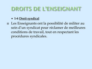  1-6 Droit syndical
 Les Enseignants ont la possibilité de militer au
sein d’un syndicat pour réclamer de meilleures
conditions de travail, tout en respectant les
procédures syndicales.
 