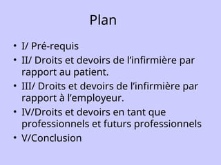 Plan
• I/ Pré-requis
• II/ Droits et devoirs de l’infirmière par
rapport au patient.
• III/ Droits et devoirs de l’infirmière par
rapport à l’employeur.
• IV/Droits et devoirs en tant que
professionnels et futurs professionnels
• V/Conclusion
 