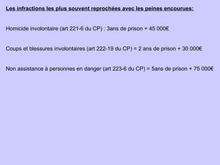 Les infractions les plus souvent reprochées avec les peines encourues:
Homicide involontaire (art 221-6 du CP) : 3ans de prison + 45 000€
Coups et blessures involontaires (art 222-19 du CP) = 2 ans de prison + 30 000€
Non assistance à personnes en danger (art 223-6 du CP) = 5ans de prison + 75 000€
 