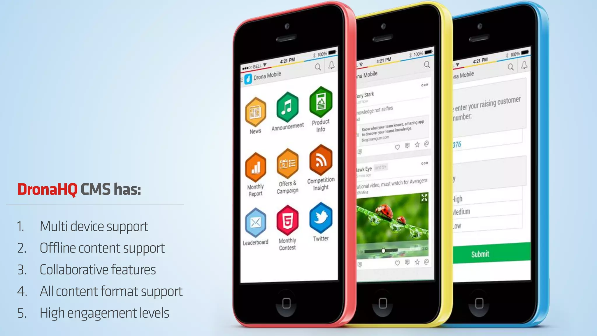 DronaHQ CMS has: 
1.Multi device support 
2.Offline content support 
3.Collaborative features 
4.All content format support 
5.High engagement levels  