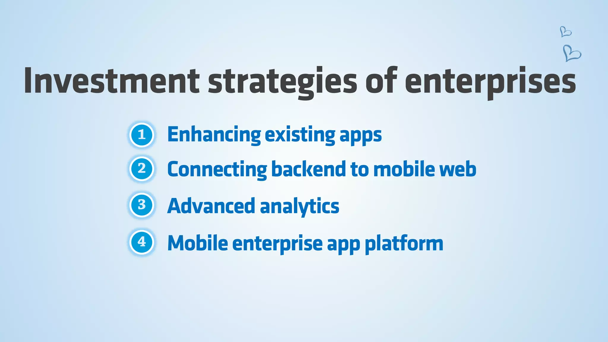 Investment strategies of enterprises 
Enhancing existing apps 
Connecting backend to mobile web 
Advanced analytics 
Mobile enterprise app platform  